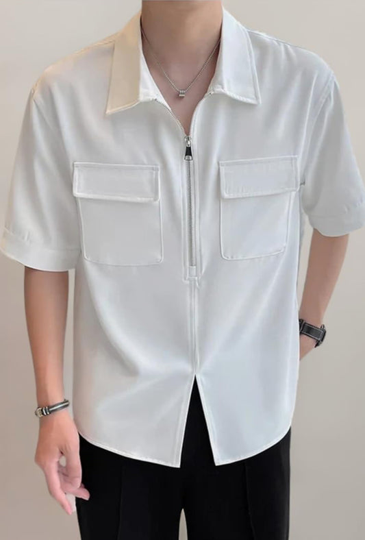 UrbanAura.Co Men’s Solid Half Sleeve Zipper Shirt | Streetwear Casual Shirt (White/Black)
