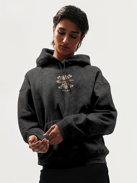 UrbanAura.Co x CrazyMonk Men’s Cotton Printed Oversized “Mugiwara - King of Pirates” Hoodie | One Piece Inspired Streetwear