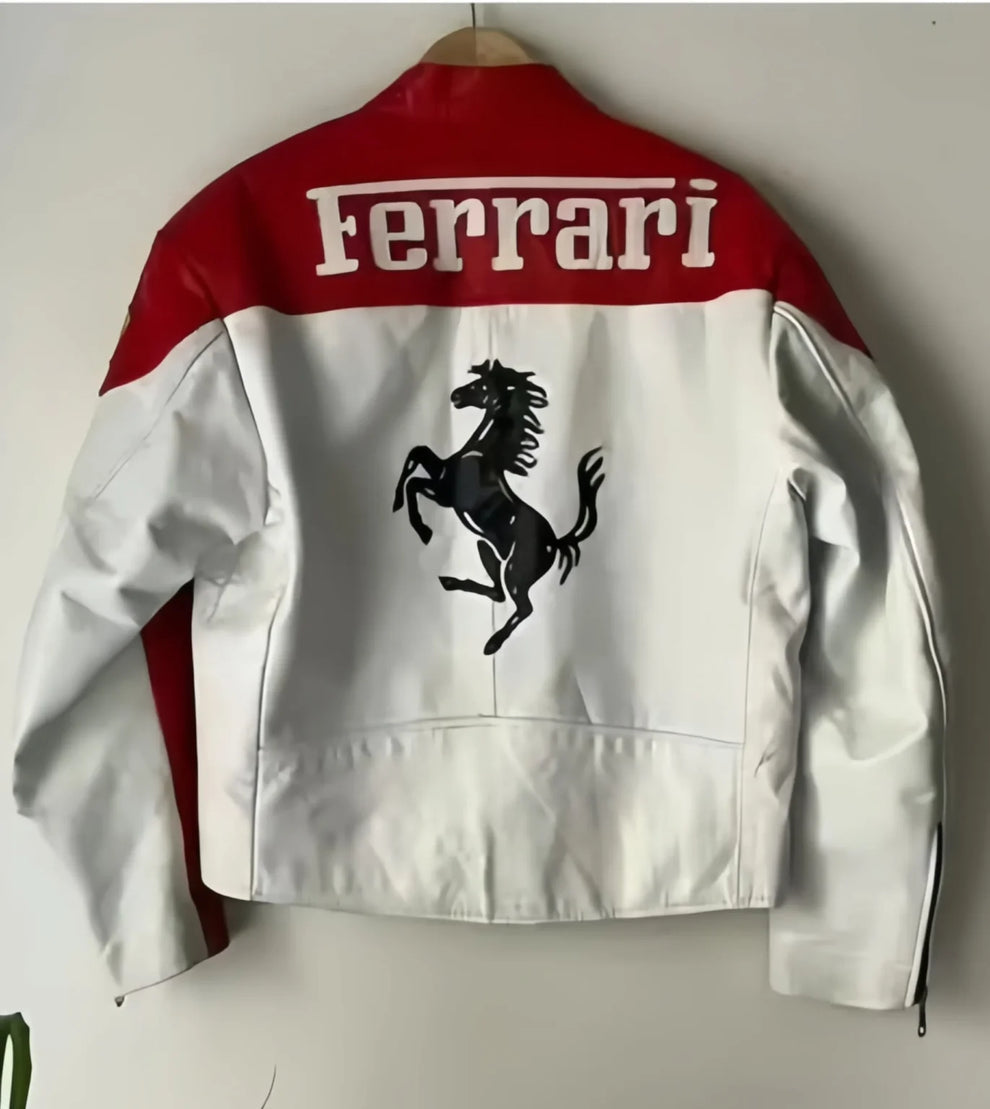 π₯ UrbanAura.Co Ferrari White & Red Leather Jacket β Streetwear Icon | Power Meets Racing Prestige