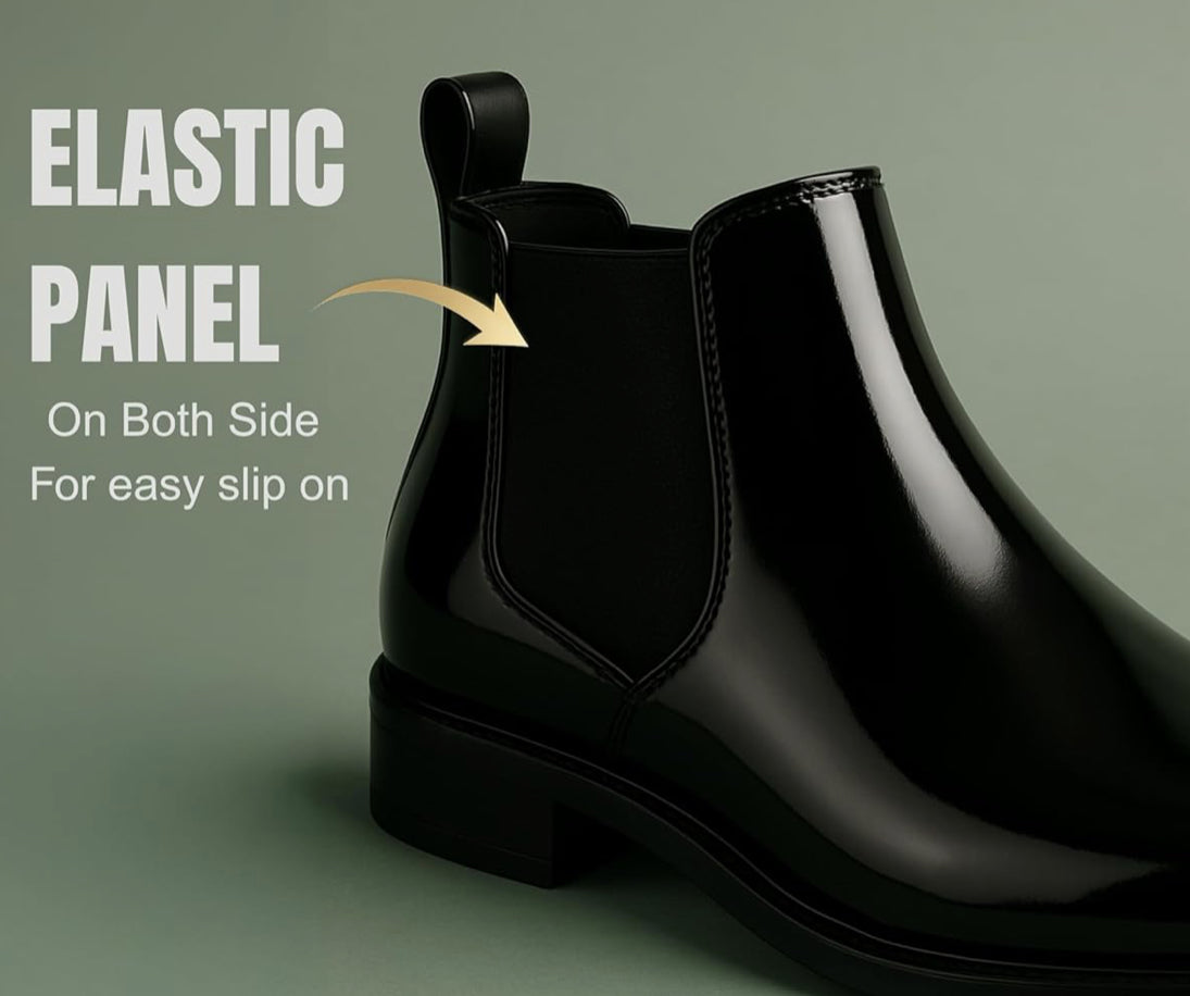 UrbanAura.Co Luxe Shiny Black Chelsea Boots | High-Top Slip-On | Premium Streetwear & Party Wear Footwear