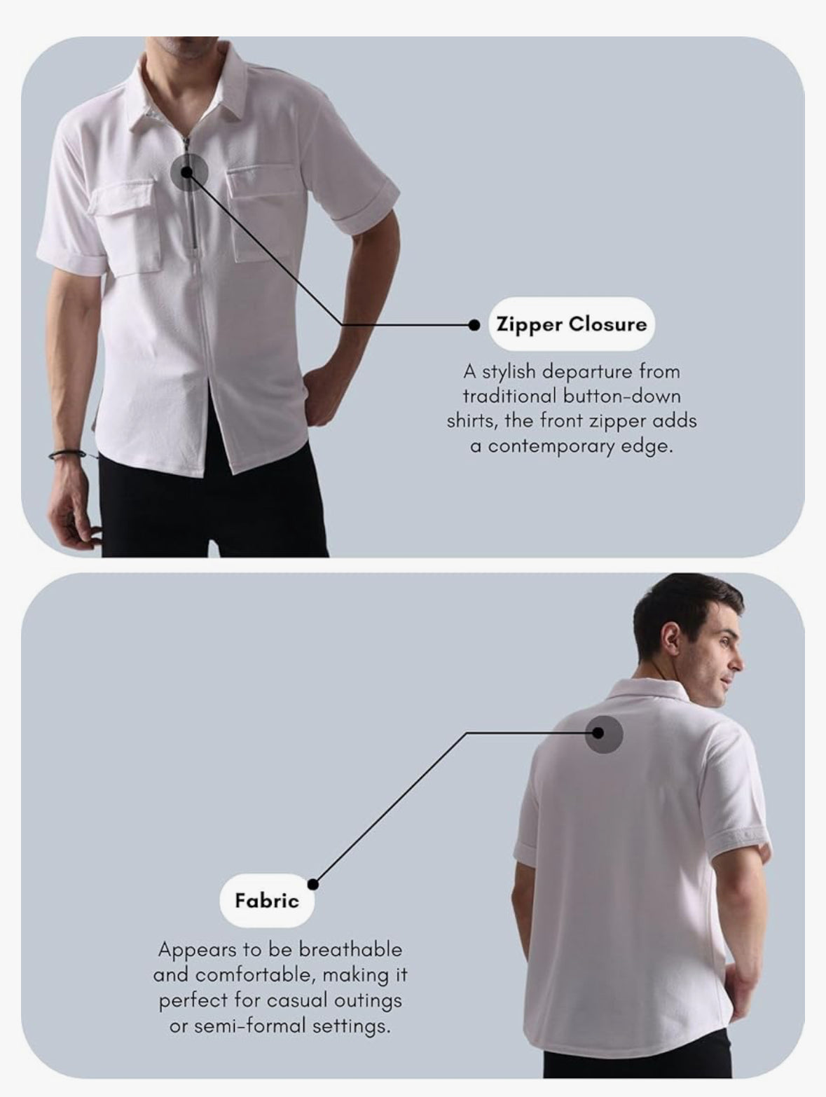 UrbanAura.Co Men’s Solid Half Sleeve Zipper Shirt | Streetwear Casual Shirt (White/Black)