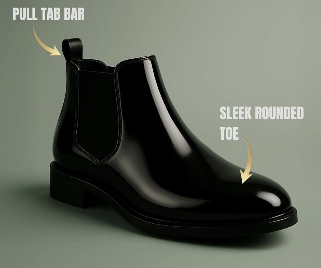 UrbanAura.Co Luxe Shiny Black Chelsea Boots | High-Top Slip-On | Premium Streetwear & Party Wear Footwear