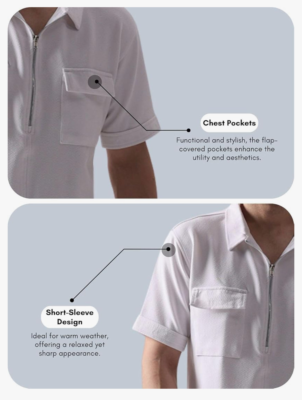 UrbanAura.Co Men’s Solid Half Sleeve Zipper Shirt | Streetwear Casual Shirt (White/Black)