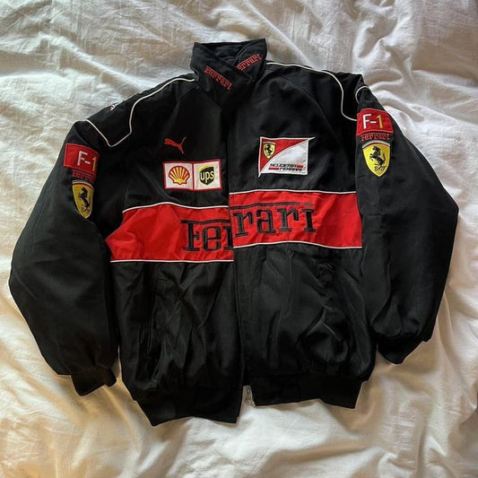 UrbanAura Black Ferrari F1 Streetwear Jacket – Sleek Racing Style for Everyday Wear