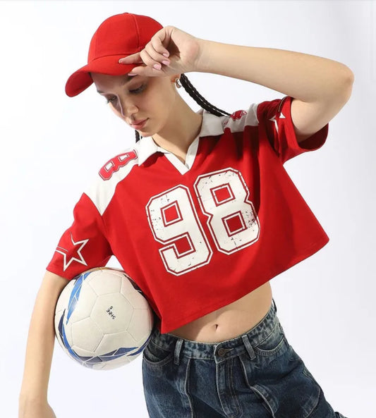 UrbanAura | Hubberholme Varsity Printed Polo Collar Boxy Fit Cotton T-shirt for Women