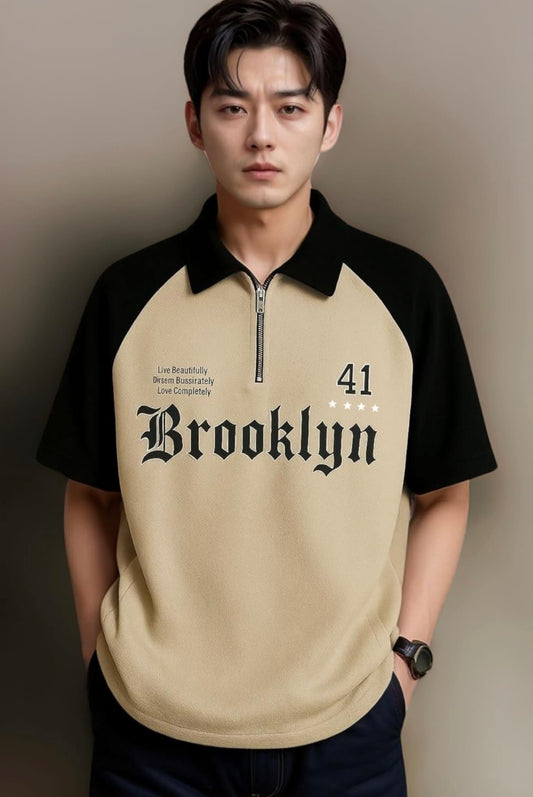 UrbanAura Men’s Brooklyn Printed Polo Neck Raglan Half Sleeve Cotton Blend T-Shirt