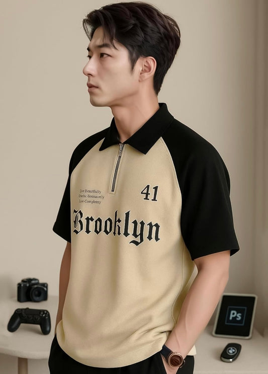 UrbanAura Men’s Brooklyn Printed Polo Neck Raglan Half Sleeve Cotton Blend T-Shirt