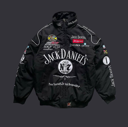 UrbanAura.Co Jack Daniel’s Racing Jacket – Black Embroidered Oversized Streetwear Bomber