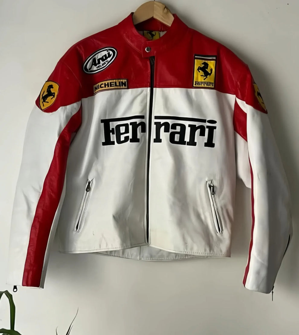 🔥 UrbanAura.Co Ferrari White & Red Leather Jacket – Streetwear Icon | Power Meets Racing Prestige
