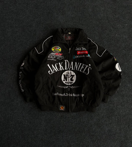 UrbanAura.Co Jack Daniel’s Racing Jacket – Black Embroidered Oversized Streetwear Bomber