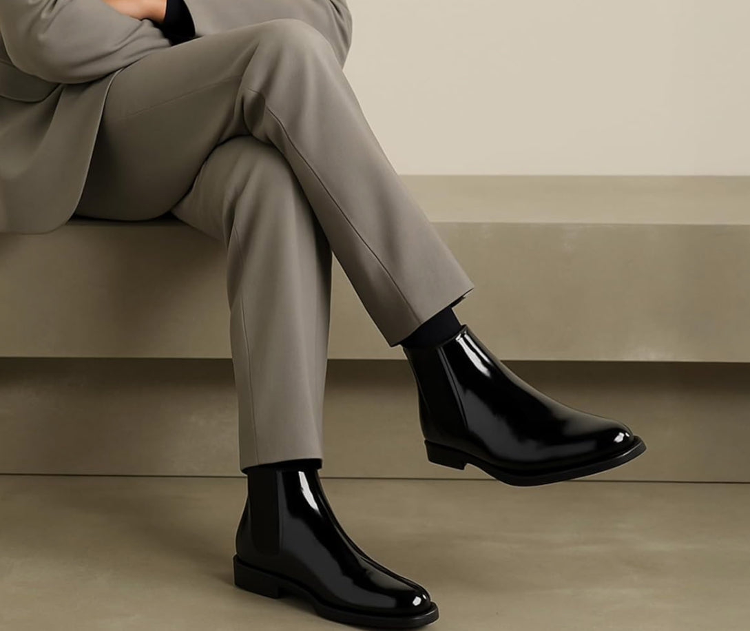 UrbanAura.Co Luxe Shiny Black Chelsea Boots | High-Top Slip-On | Premium Streetwear & Party Wear Footwear