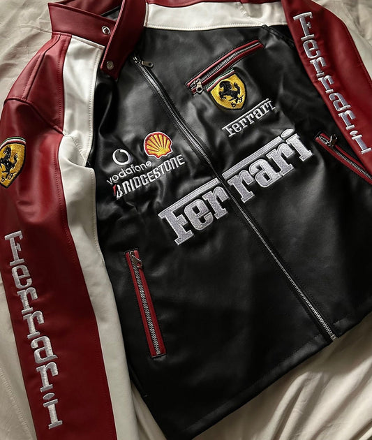 UrbanAura.Co Ferrari Racing Jacket – Premium Embroidered Leather Motorsport Style