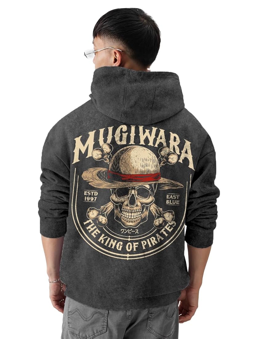 UrbanAura.Co x CrazyMonk Men’s Cotton Printed Oversized “Mugiwara - King of Pirates” Hoodie | One Piece Inspired Streetwear
