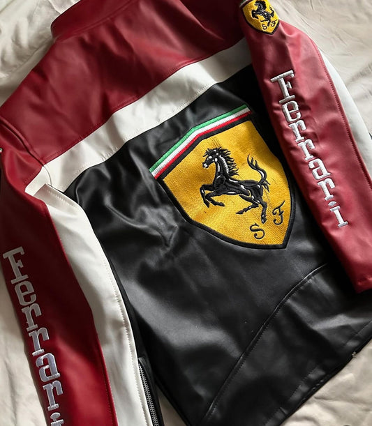 UrbanAura.Co Ferrari Racing Jacket – Premium Embroidered Leather Motorsport Style