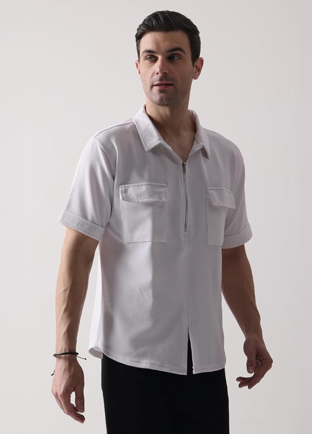 UrbanAura.Co Men’s Solid Half Sleeve Zipper Shirt | Streetwear Casual Shirt (White/Black)