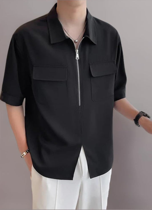 UrbanAura.Co Men’s Solid Half Sleeve Zipper Shirt | Streetwear Casual Shirt (White/Black)