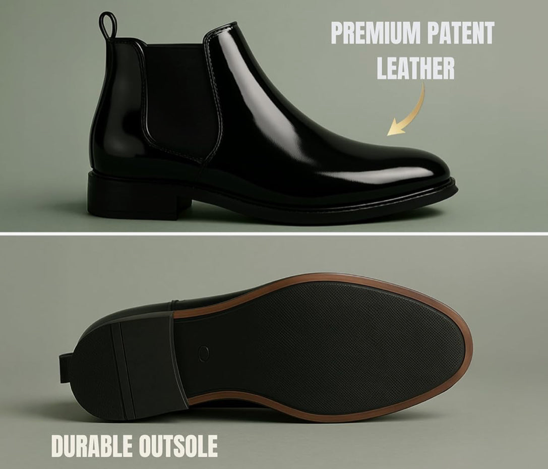UrbanAura.Co Luxe Shiny Black Chelsea Boots | High-Top Slip-On | Premium Streetwear & Party Wear Footwear