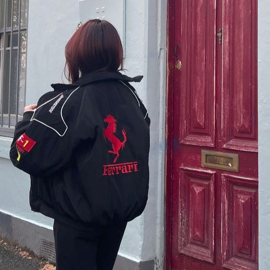 UrbanAura Black Ferrari F1 Streetwear Jacket – Sleek Racing Style for Everyday Wear