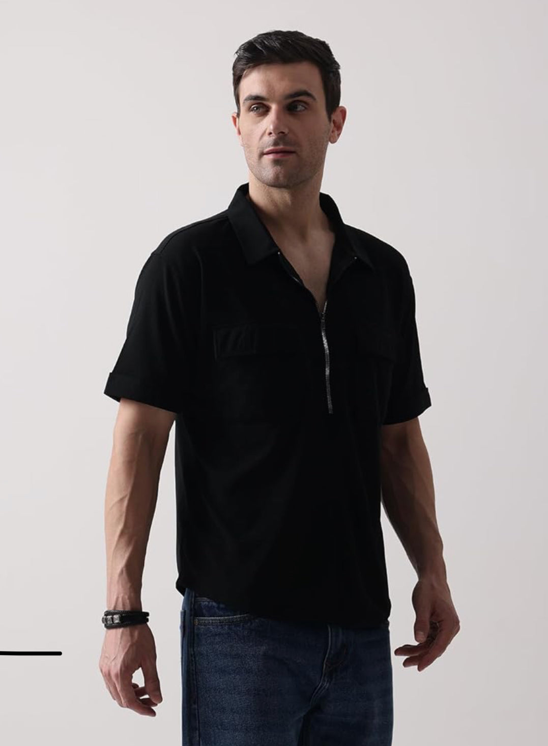 UrbanAura.Co Men’s Solid Half Sleeve Zipper Shirt | Streetwear Casual Shirt (White/Black)