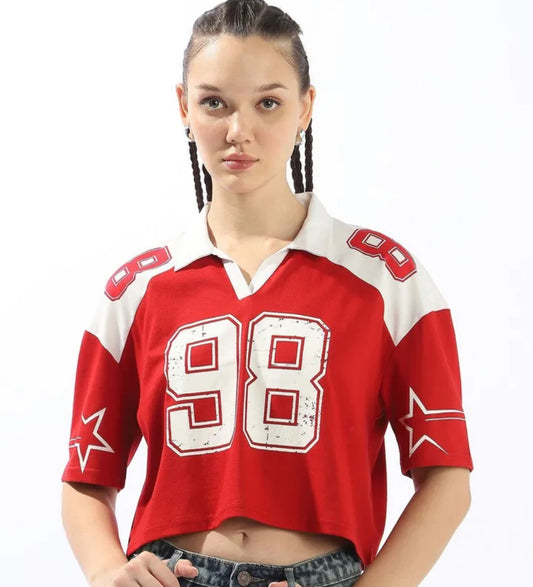 UrbanAura | Hubberholme Varsity Printed Polo Collar Boxy Fit Cotton T-shirt for Women