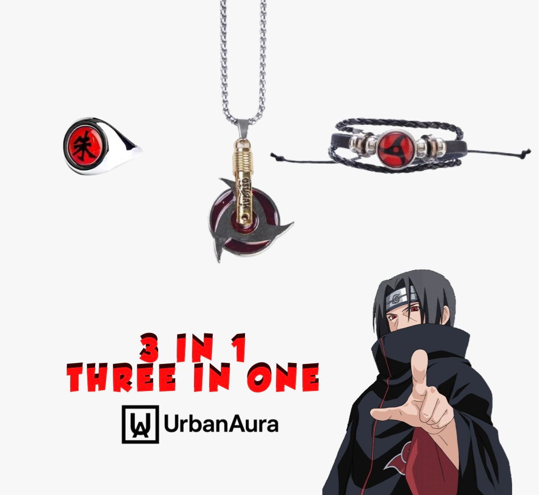 UrbanAura.Co – Uchiha Legacy Pack (Itachi Ring + Bracelet + Sharingan Chain)