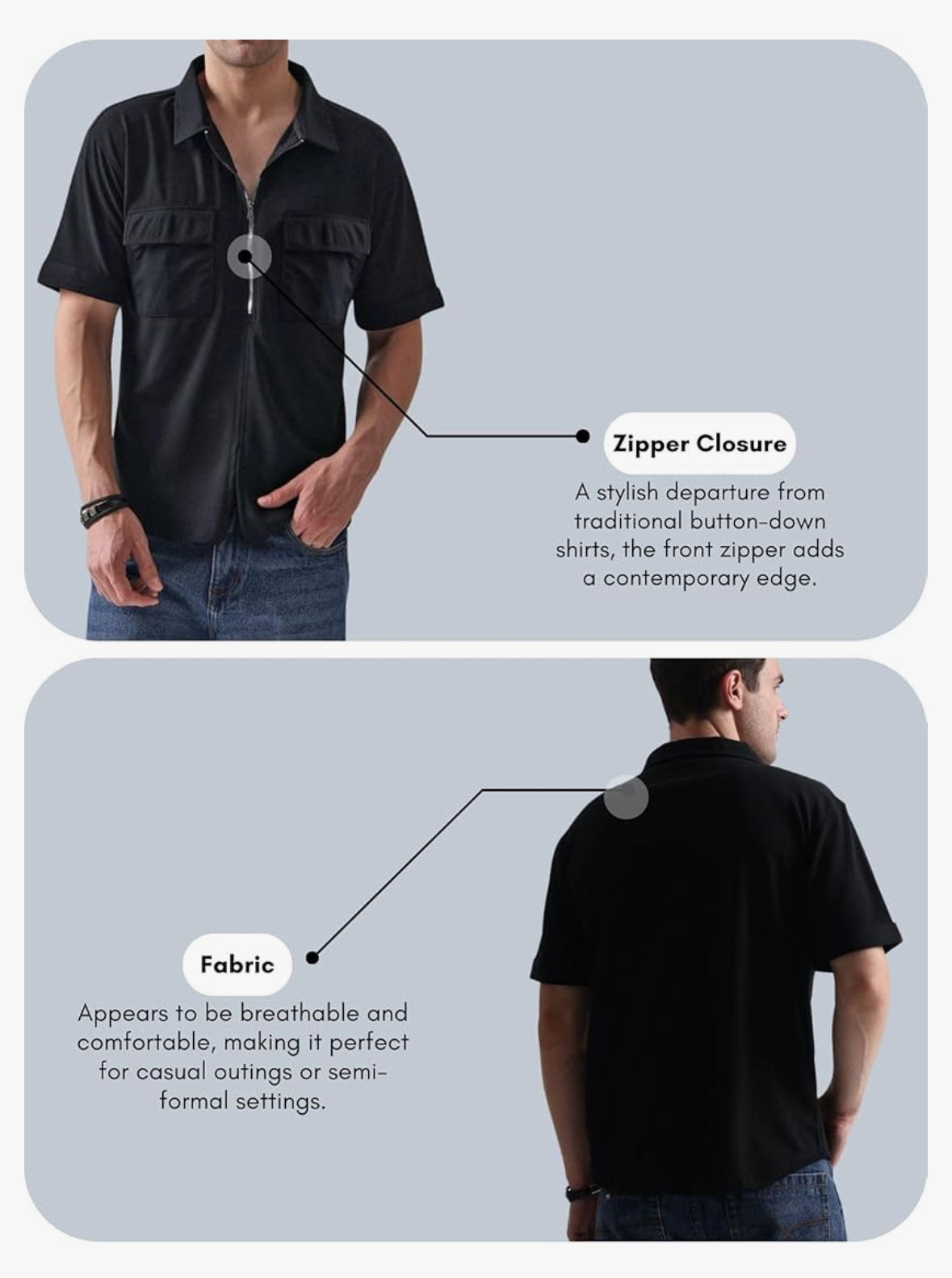 UrbanAura.Co Men’s Solid Half Sleeve Zipper Shirt | Streetwear Casual Shirt (White/Black)